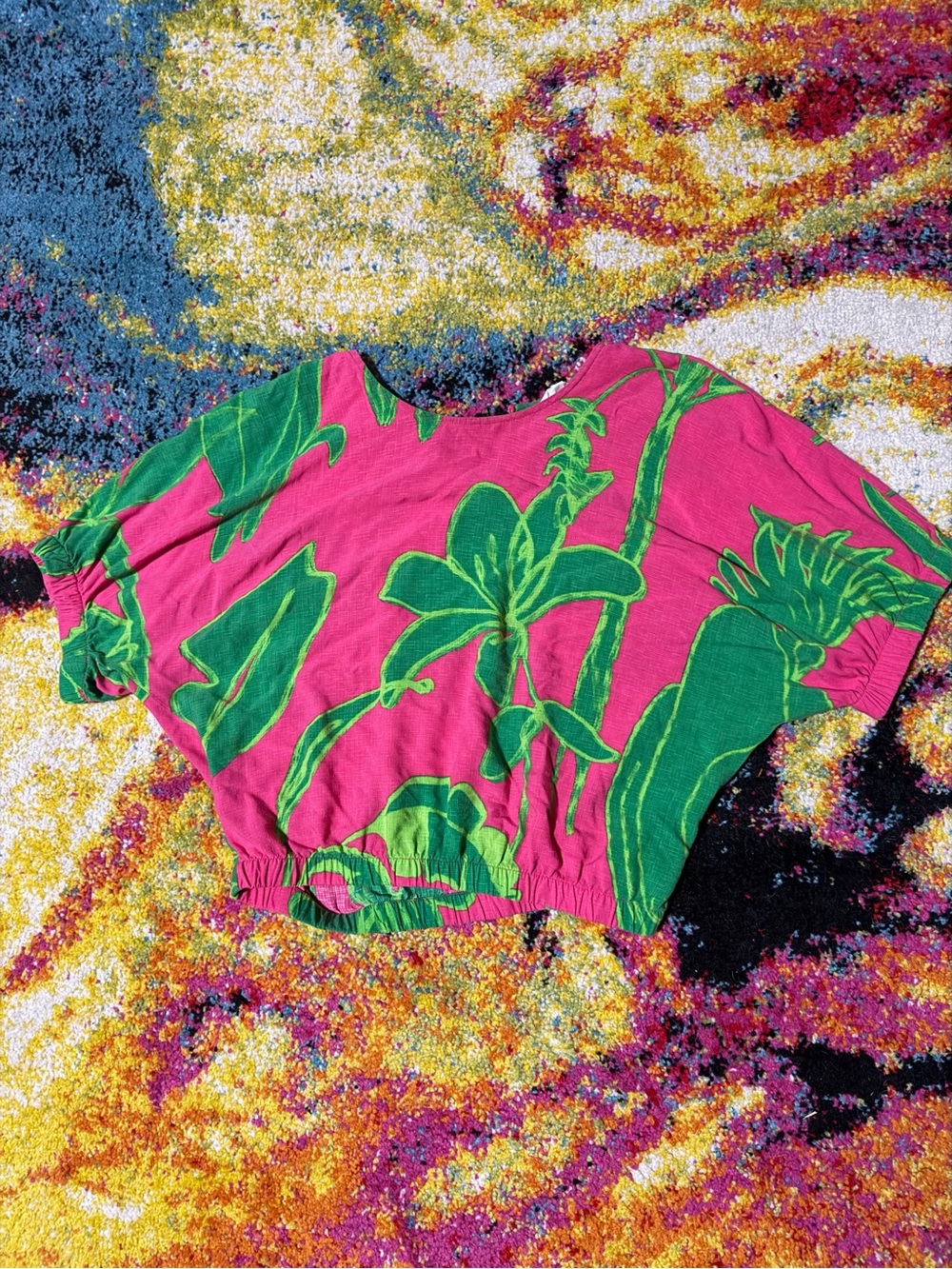 Desigual Women's Pink and Green Tropical Print Cropped Top